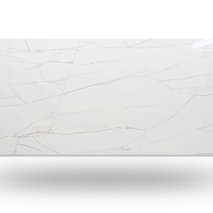 White marble slab with brown veining.