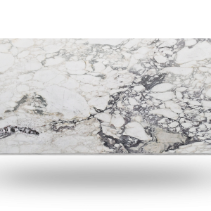White marble slab with grey and black veining.