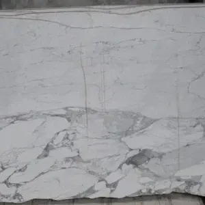 White marble slab with gray veining and rough bottom edge.