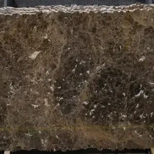 Brown marble slab with intricate veining and white accents.