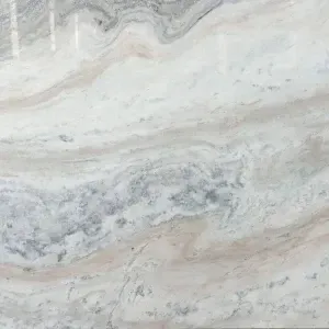 Swirling marble tile in white, gray, and tan.