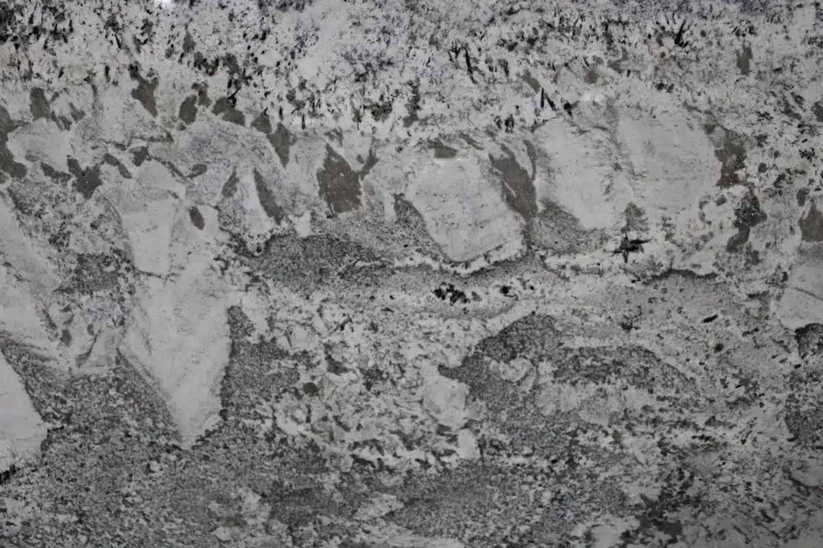 Close-up of white granite with gray and black veining.