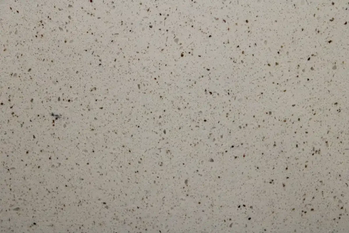 Beige speckled countertop with dark brown spots.