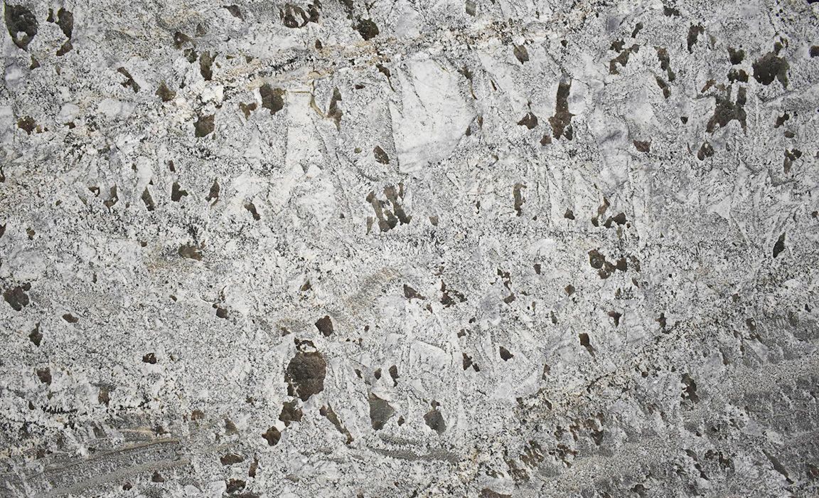 Close-up of a light gray, porous stone surface with dark, irregular holes and textured patterns.