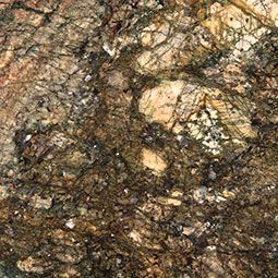 Close-up of granite with brown, green, and tan patterns, and some white inclusions.