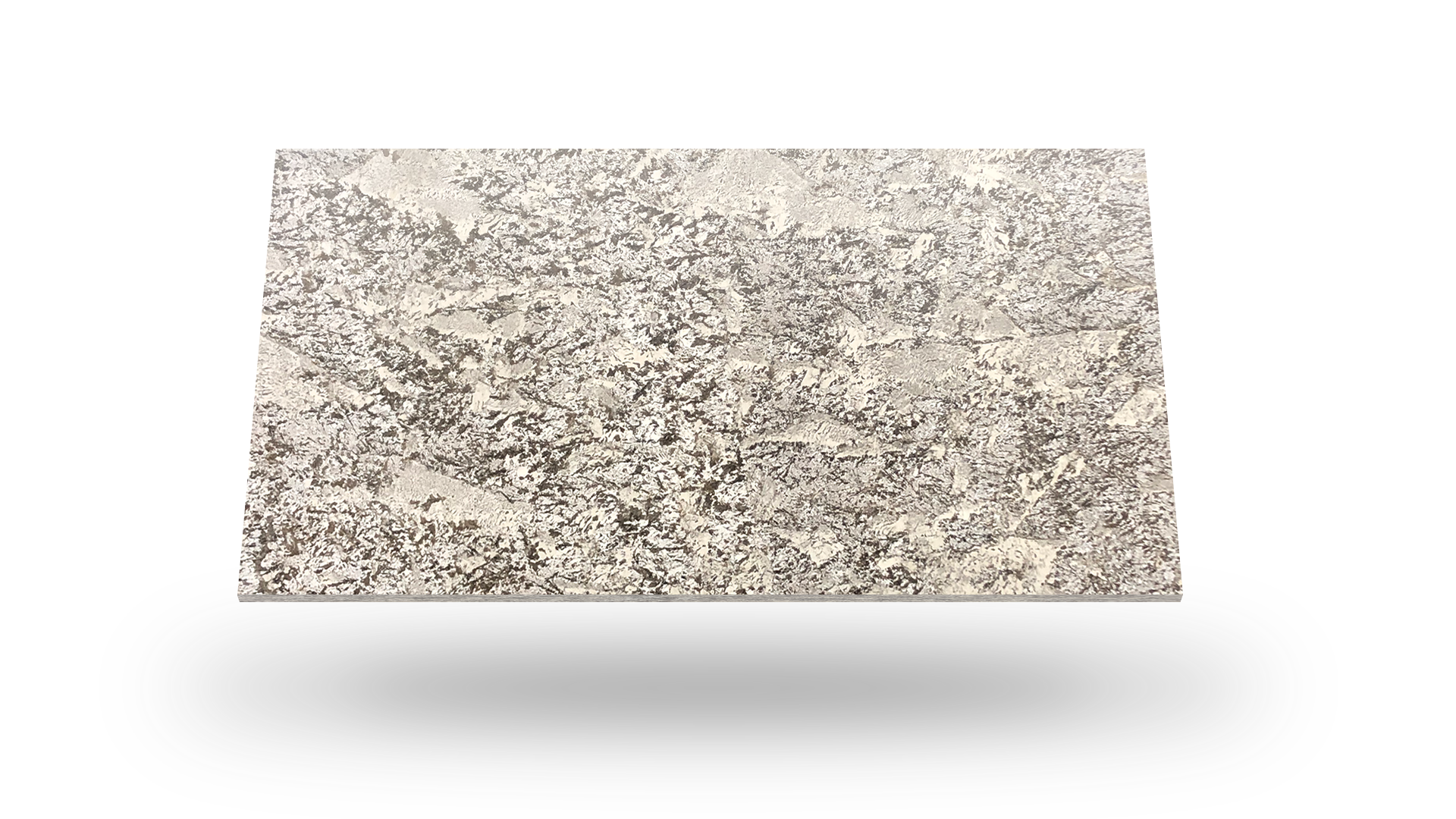 A rectangular granite countertop with cream, gray, and dark speckling.