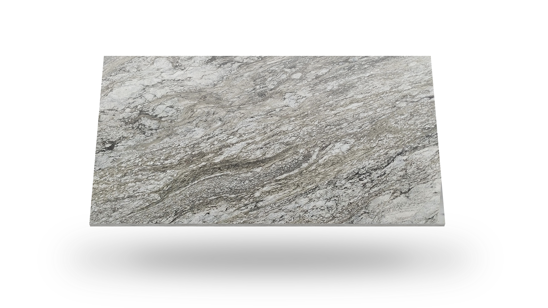 Stone slab with gray, white, and brown veining, angled slightly above a white surface.