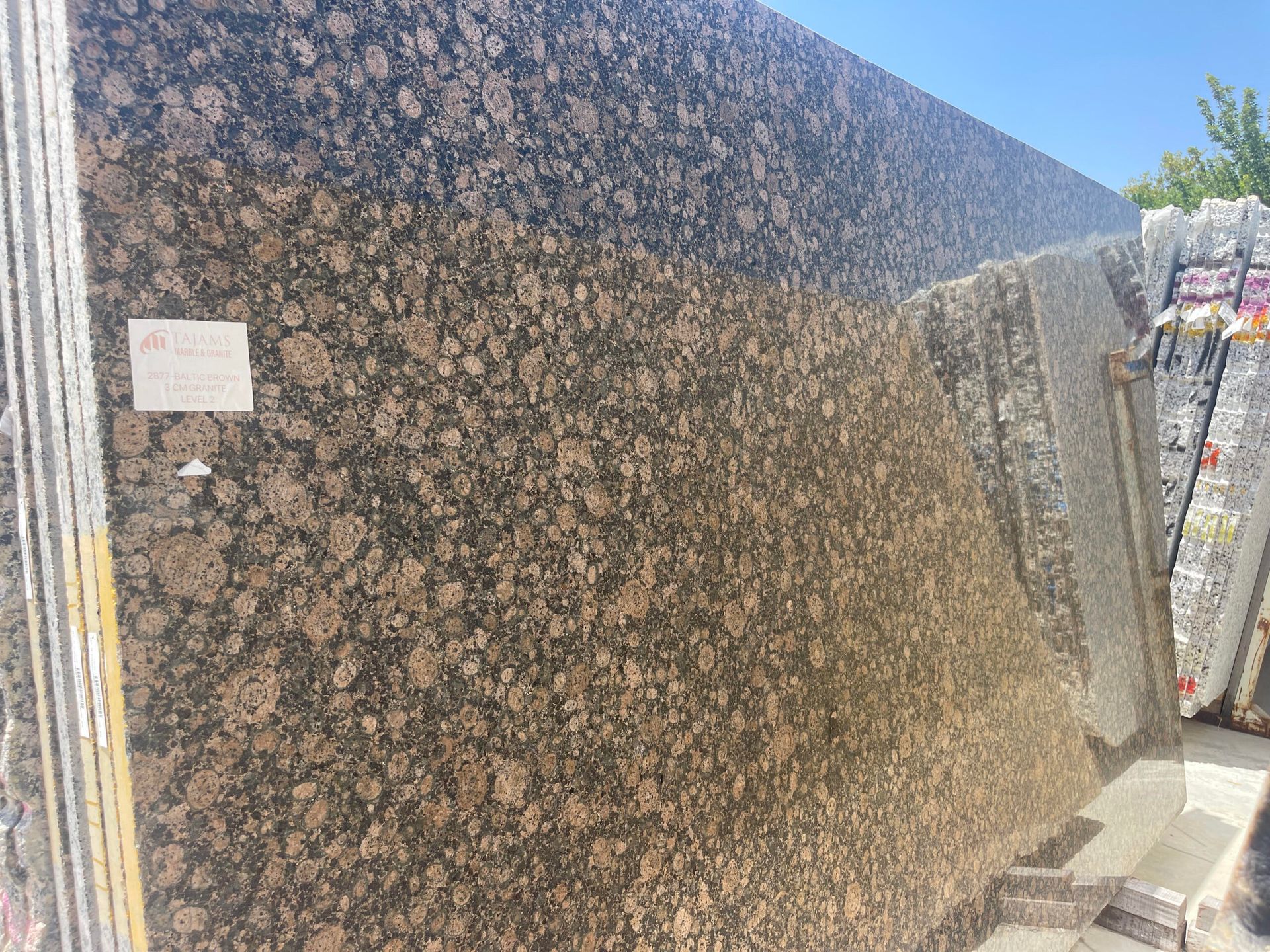Large slab of brown and black speckled granite.