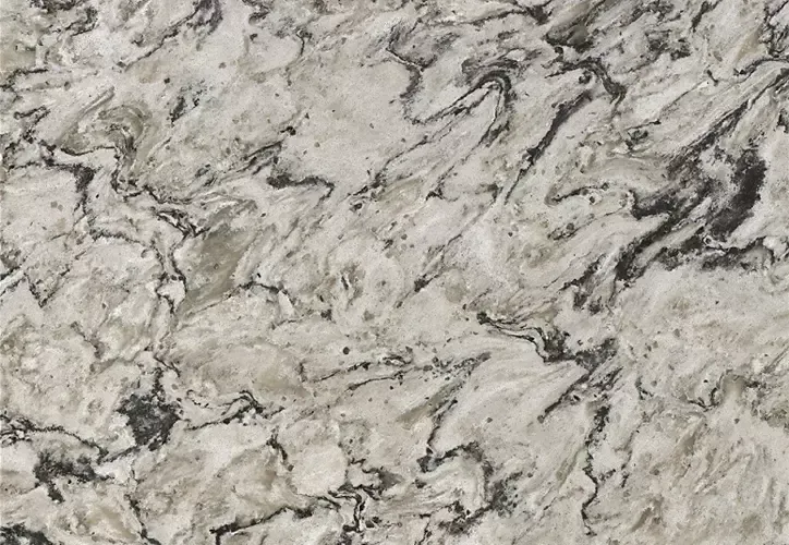 White and gray granite countertop with black swirling veining.