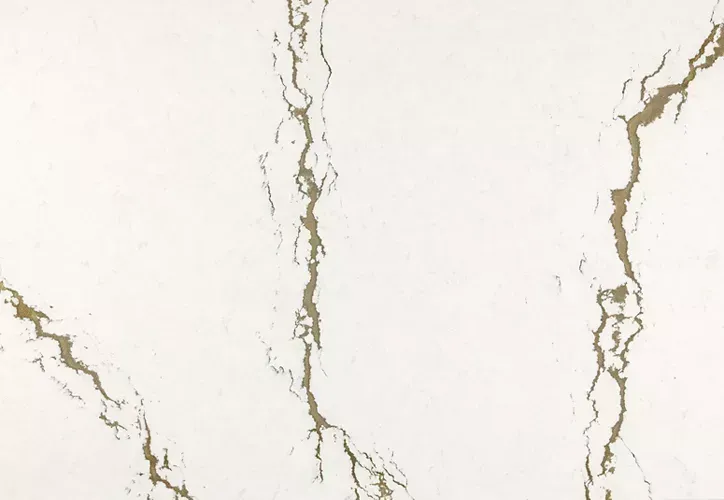 White surface with gold-brown veining, resembling marble or quartz.