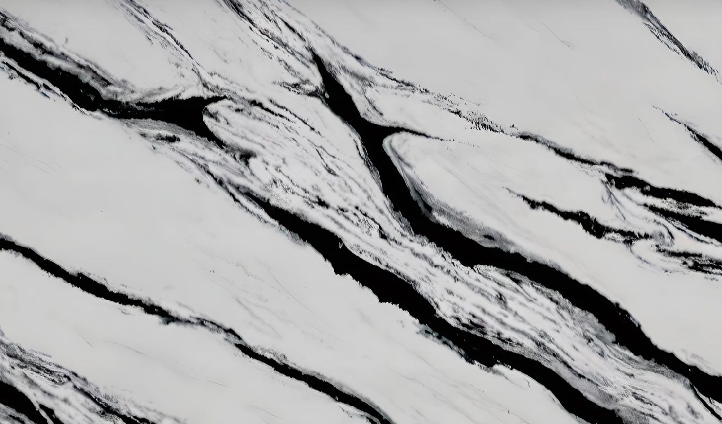 White marble with bold, black veining running diagonally across the surface.