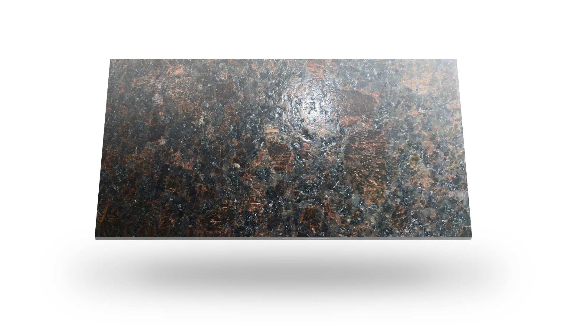 Dark, textured rectangular tile with shades of brown, black, and copper, floating above a white background.