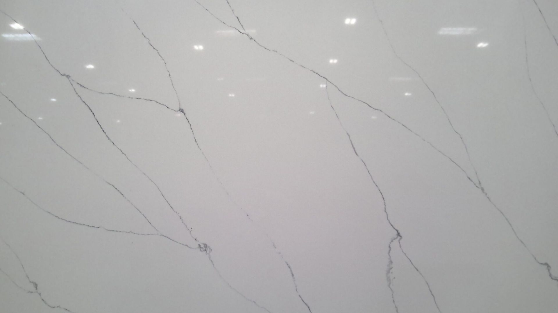 White quartz countertop with dark gray veining.