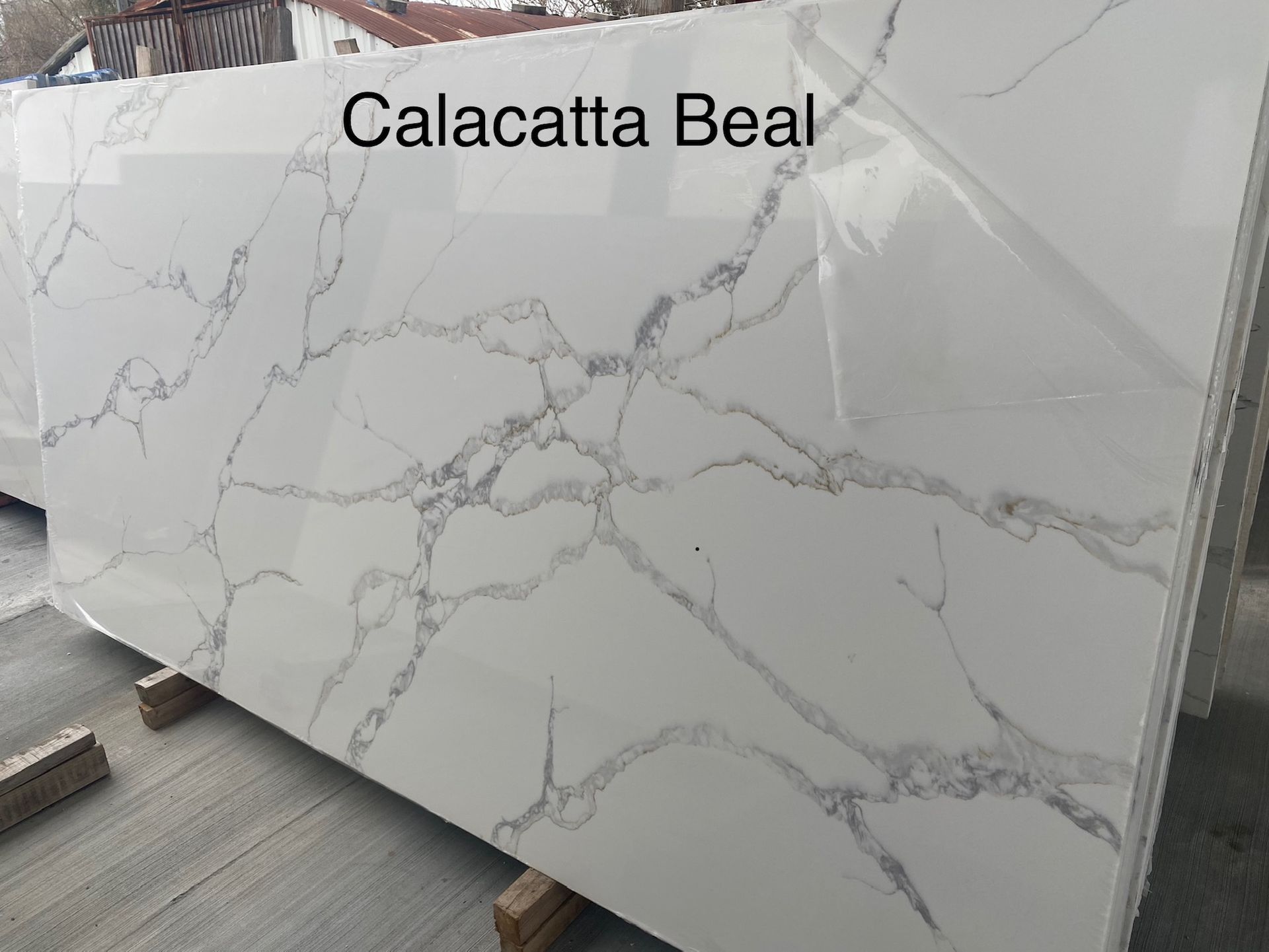 Calacatta Beal quartz slab with white background and gray veining, displayed indoors.
