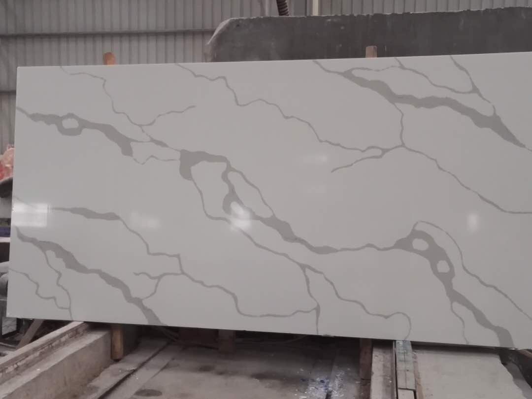 White quartz countertop slab with gray veining.