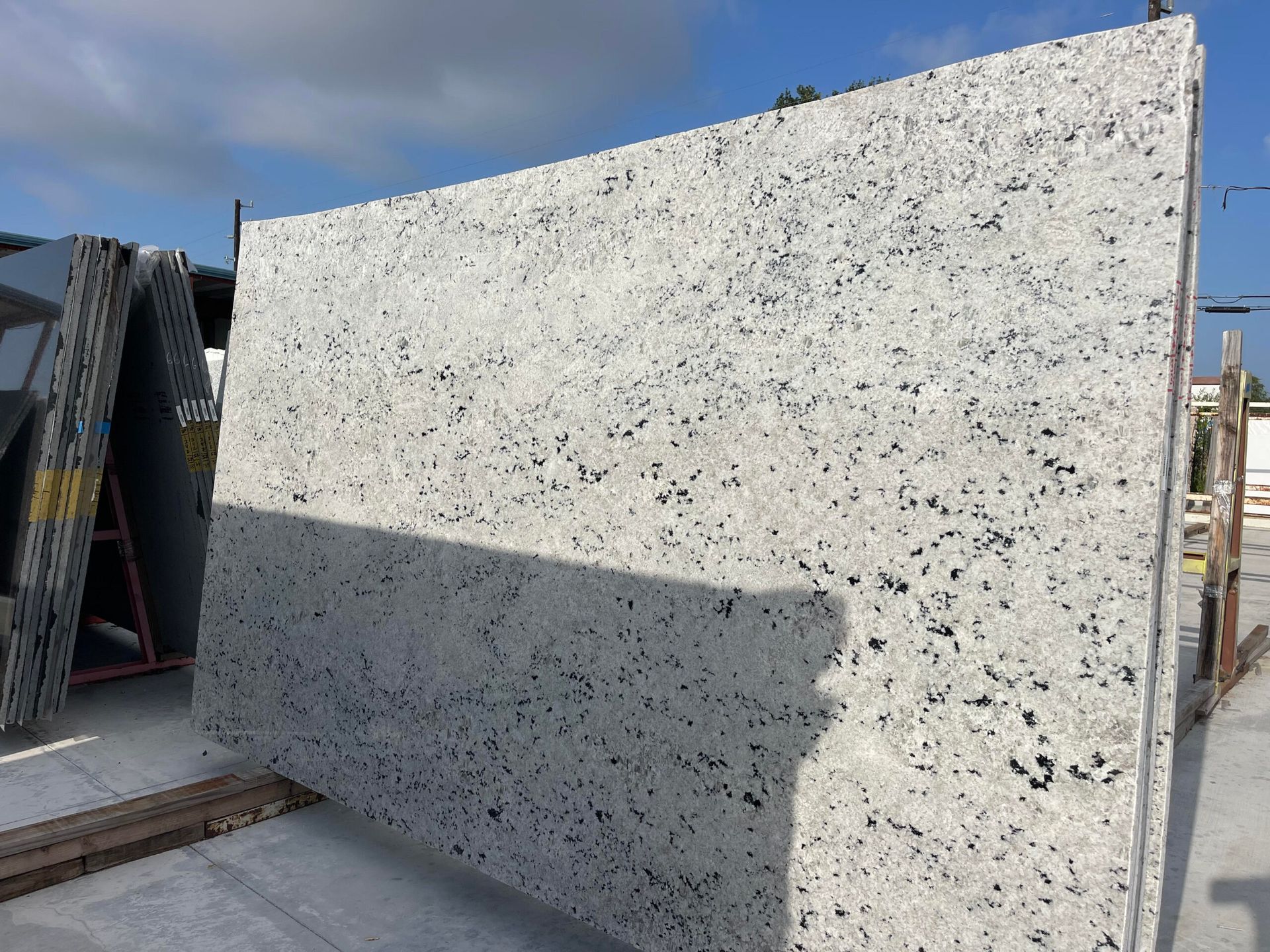 Large slab of white granite with black speckles, outdoors on a sunny day.