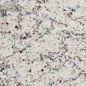 White granite with black veins and red flecks.