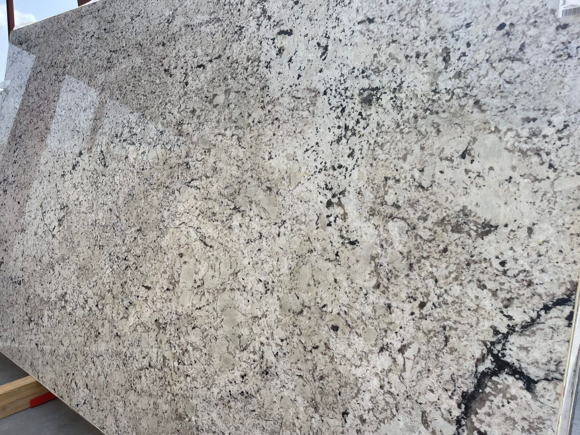 Large slab of granite with a speckled beige and black pattern.