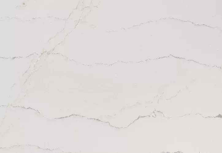 White quartz surface with grey veining.