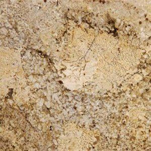 Close-up of beige granite with darker brown and black flecks and swirls, showing the textured surface.