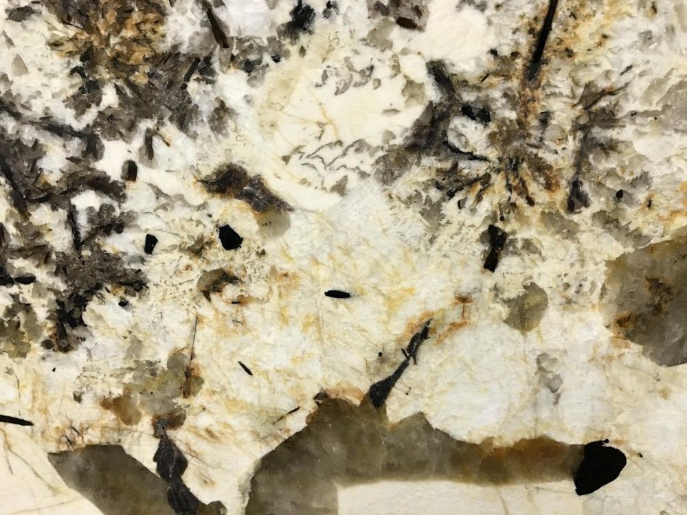 Close-up of granite countertop with cream, black, and gold veining and speckled patterns.