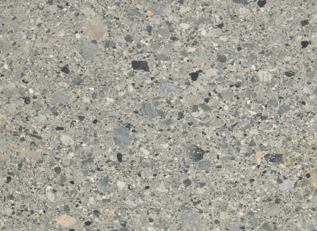 Gray concrete surface with scattered dark and light aggregate.