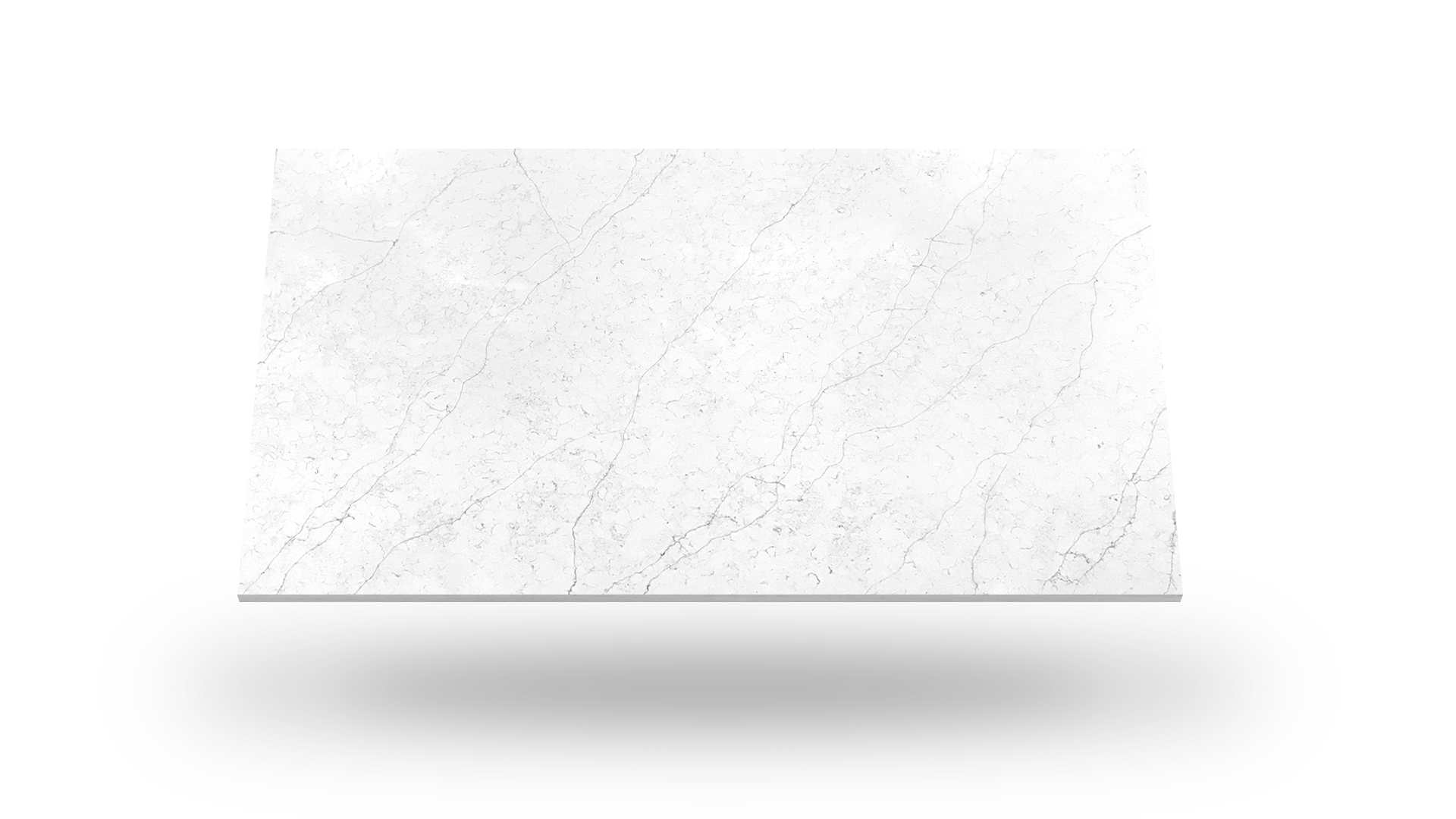 White rectangular countertop with subtle gray veining, slightly elevated and casting a shadow.