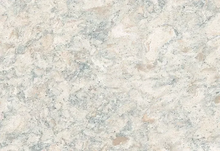 Creamy quartz countertop with subtle blue and beige veining.