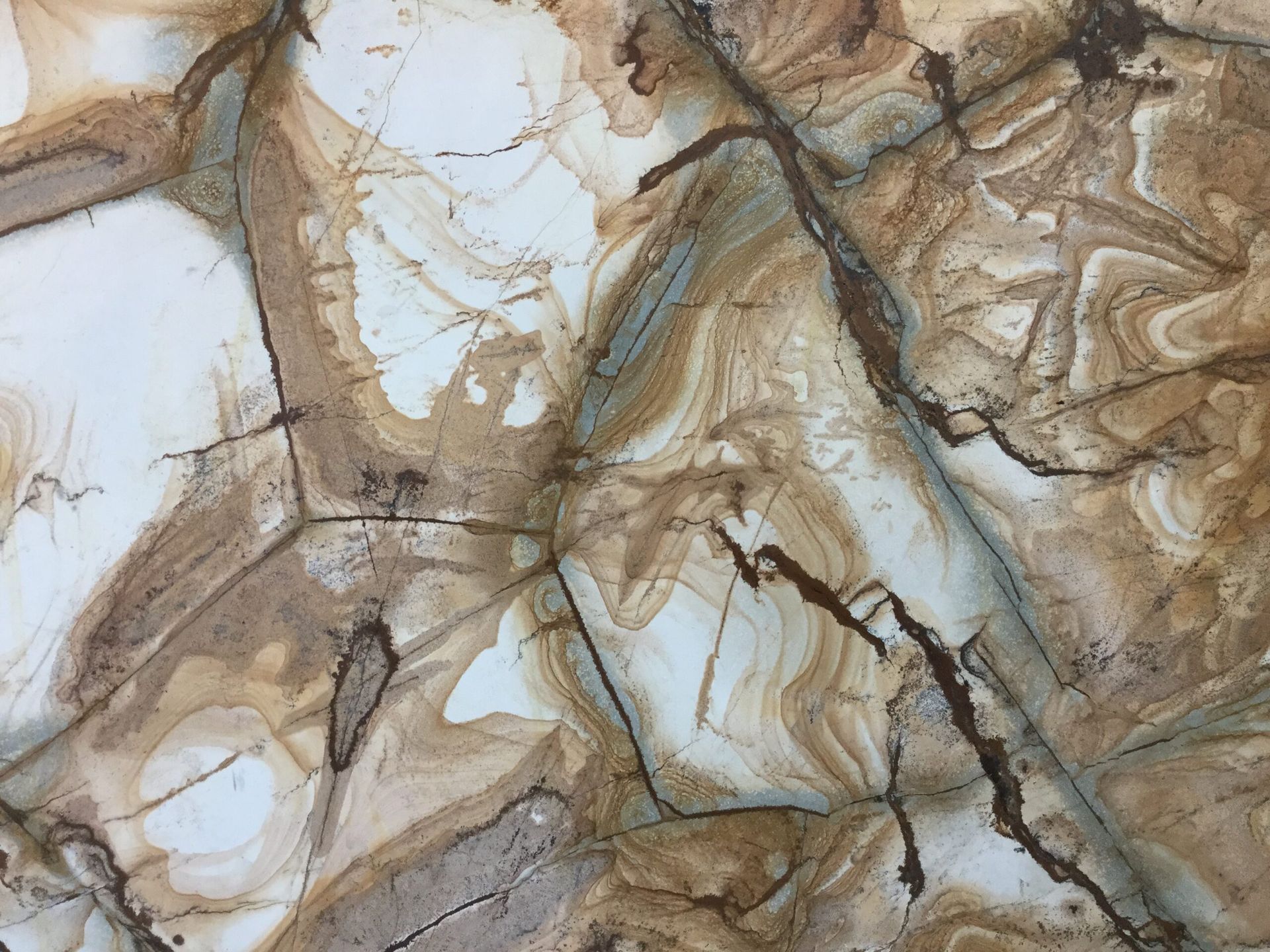 Close-up of a rock surface with beige, brown, and white patterns, displaying cracks and textured formations.