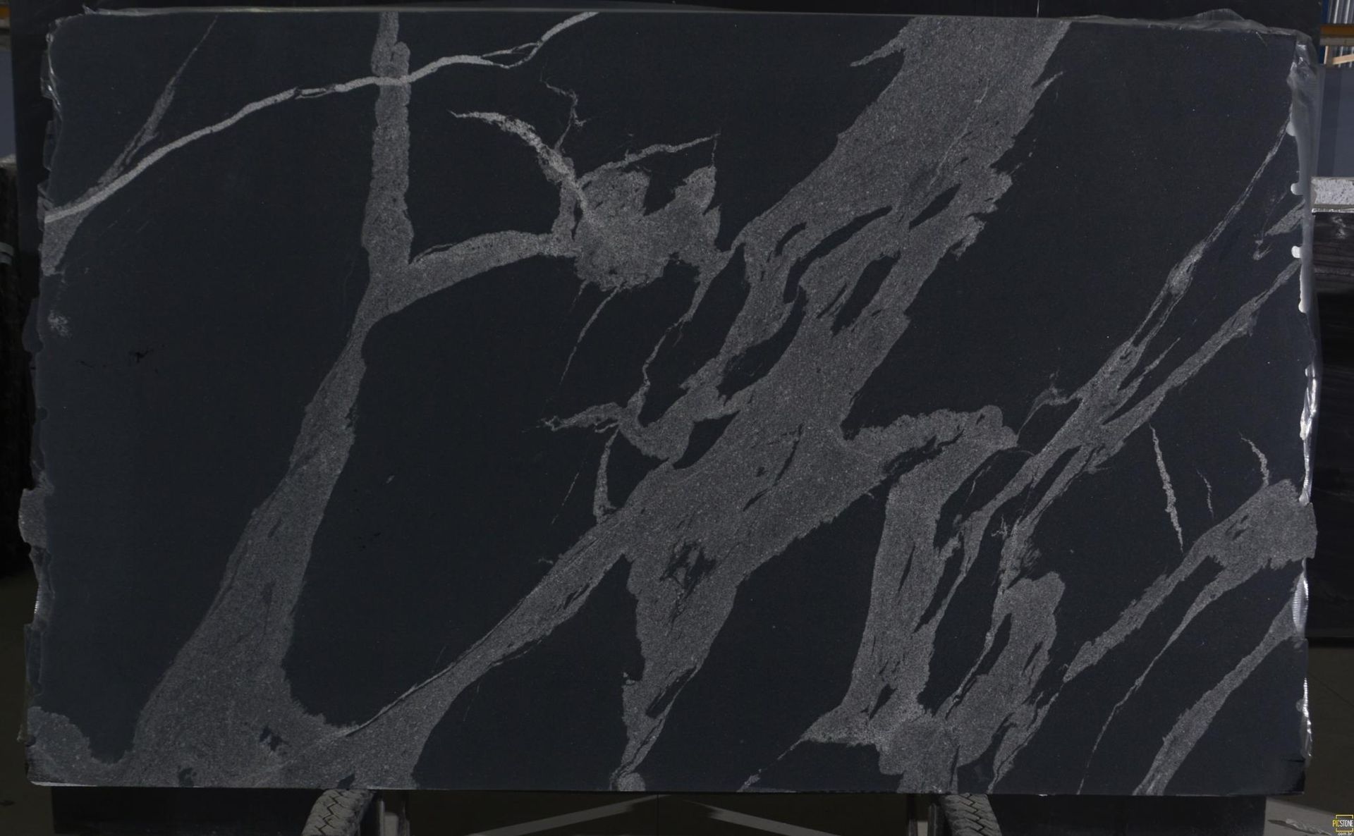 Dark granite slab with striking silver veining.