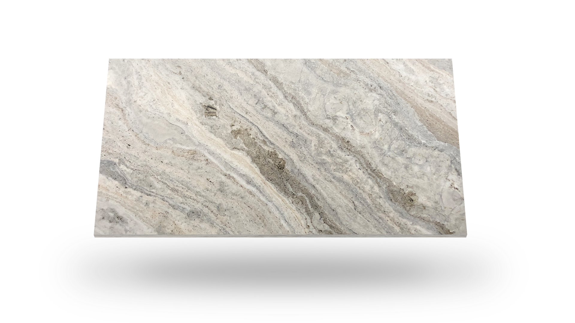 Light-colored granite slab with flowing gray and brown veins, floating over a white background.
