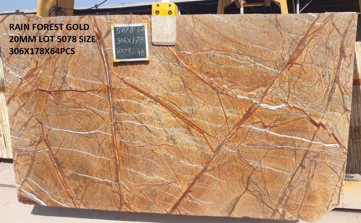 Rain Forest Gold stone slab, 20mm thick, with brown and white veining, labeled with specifications.