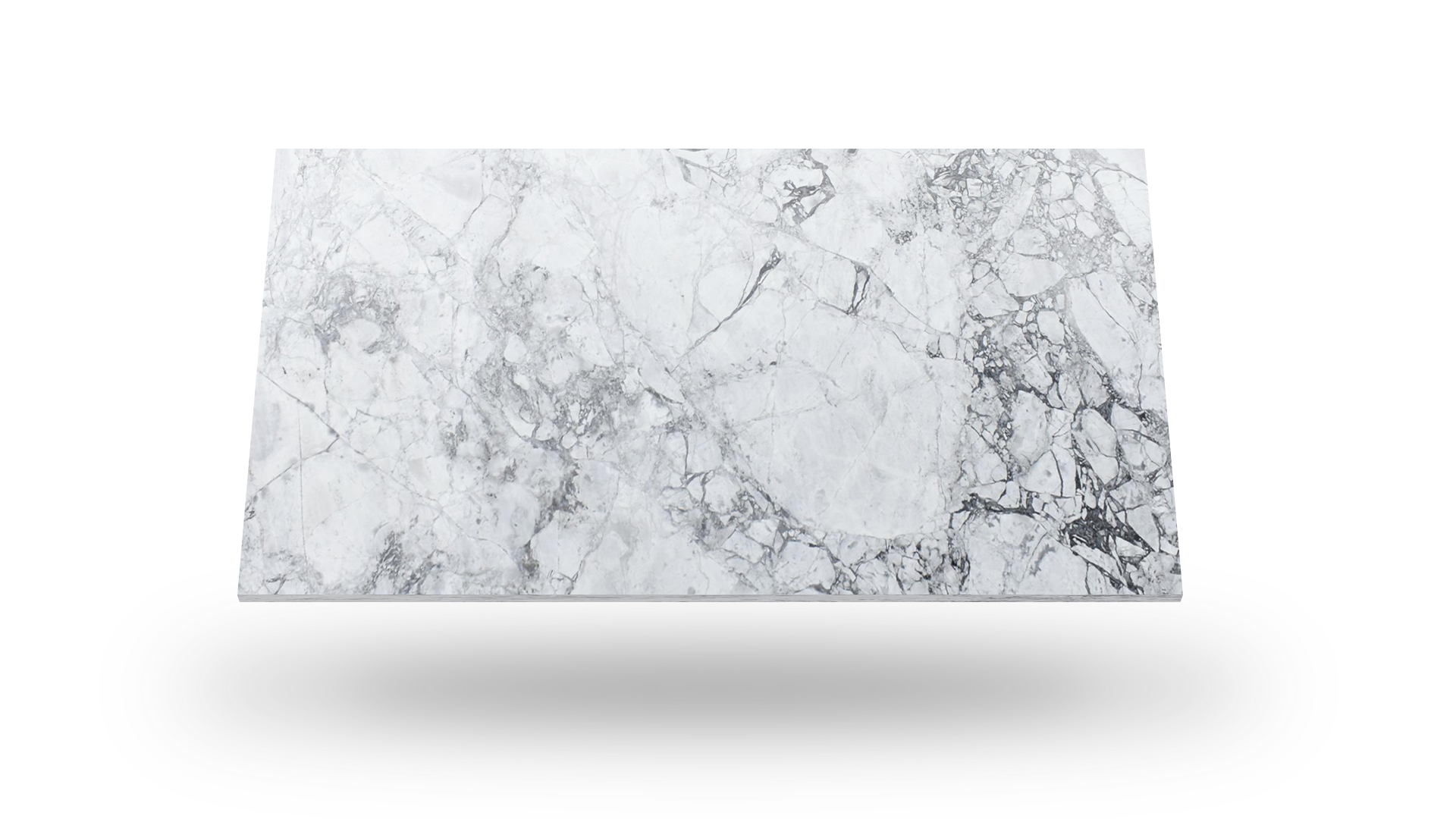 White marble slab with gray veining, floating.
