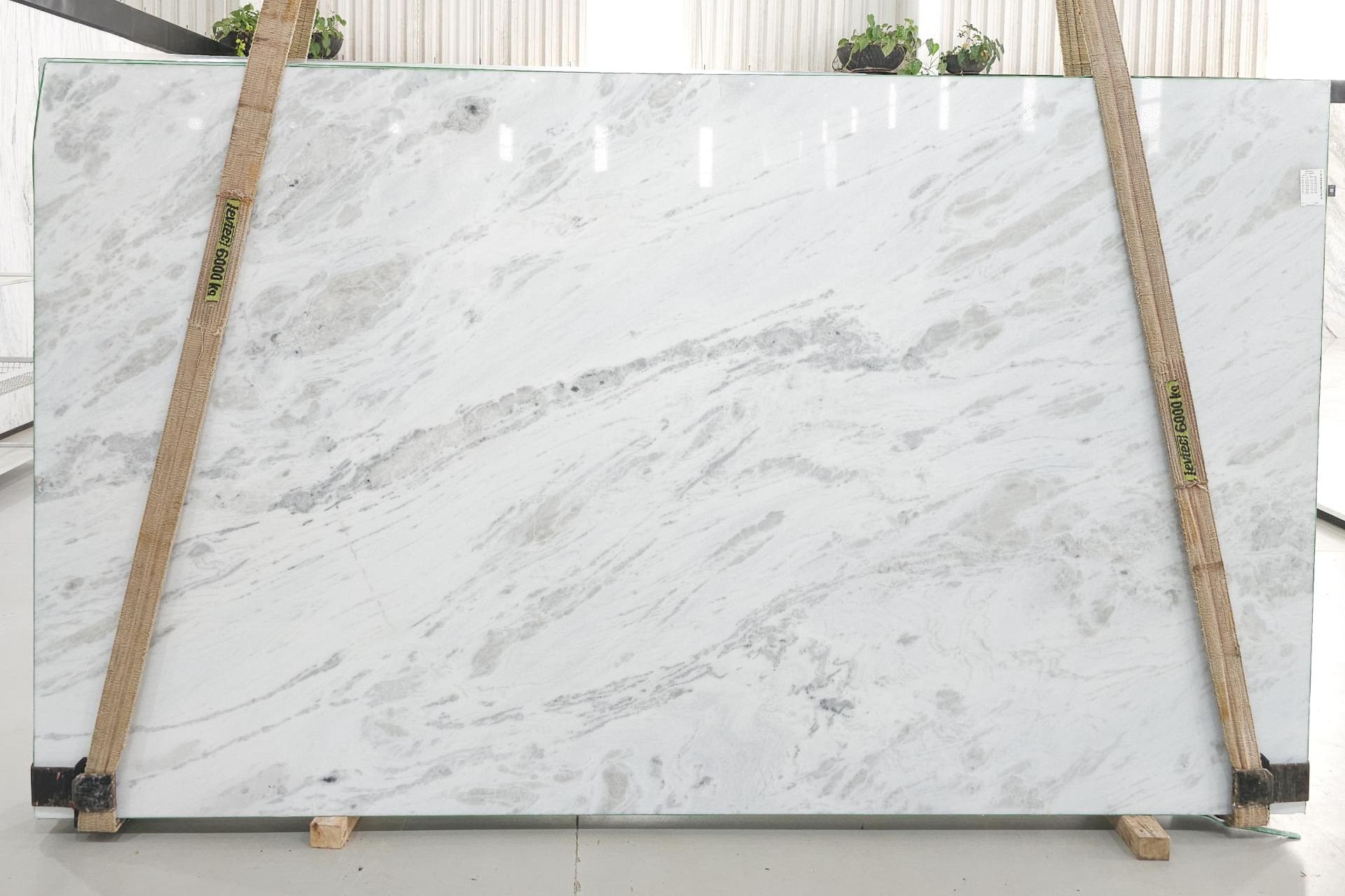 A large, white marble slab with gray veining, supported by wooden beams in a showroom setting.