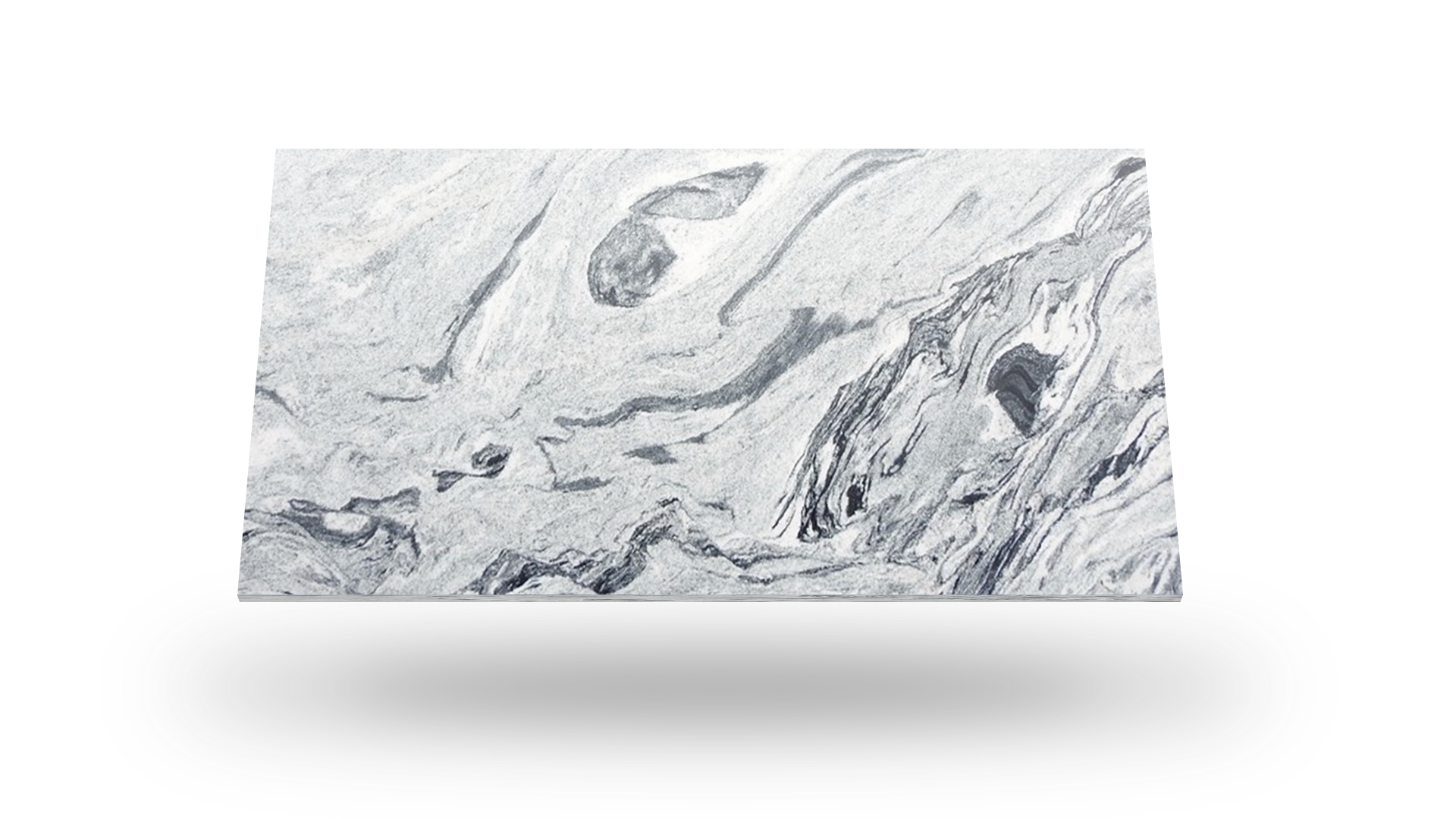 White granite countertop with swirling gray and black patterns.