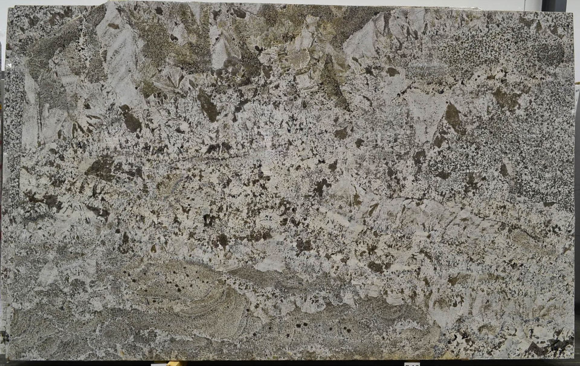 Granite slab with a mottled pattern of gray, white, and tan colors.