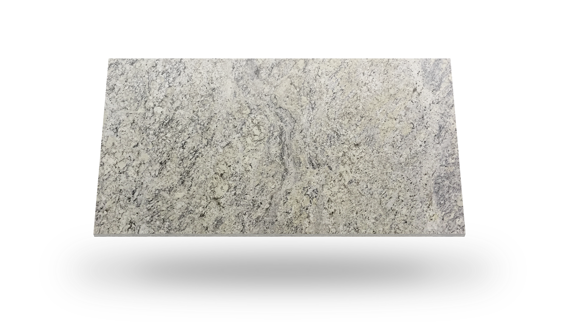 Light gray granite countertop slab with dark flecks.