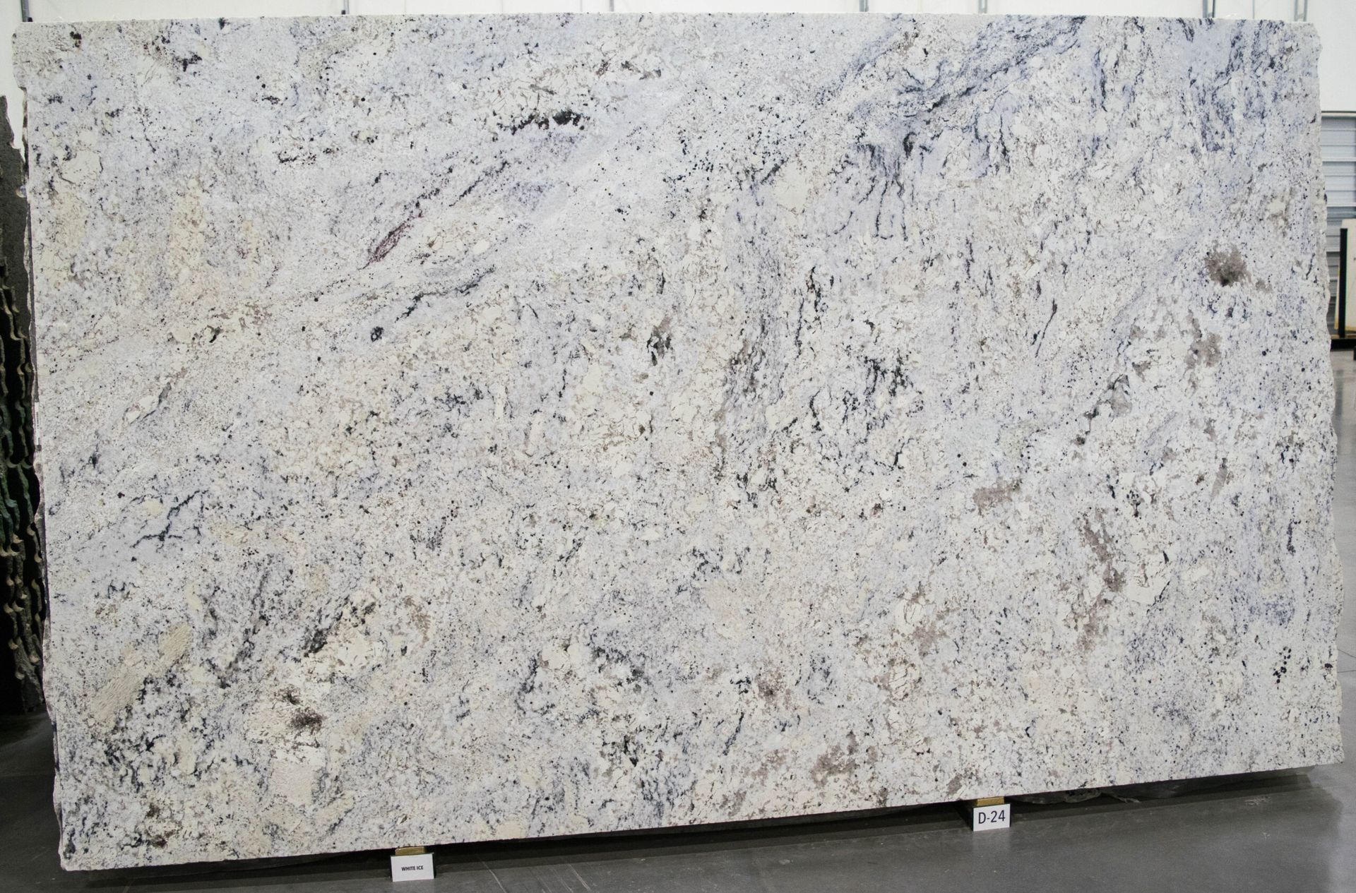 Large slab of white granite with black and gray speckles, possibly for a countertop.