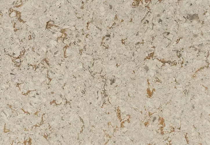 Beige quartz countertop with gold and gray veining.