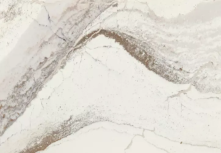 White and beige marble countertop with brown veining and crack patterns.