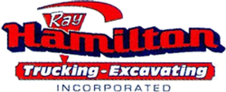 Ray Hamilton Trucking-Excavating Incorporated logo. Red and white lettering with blue shadows.