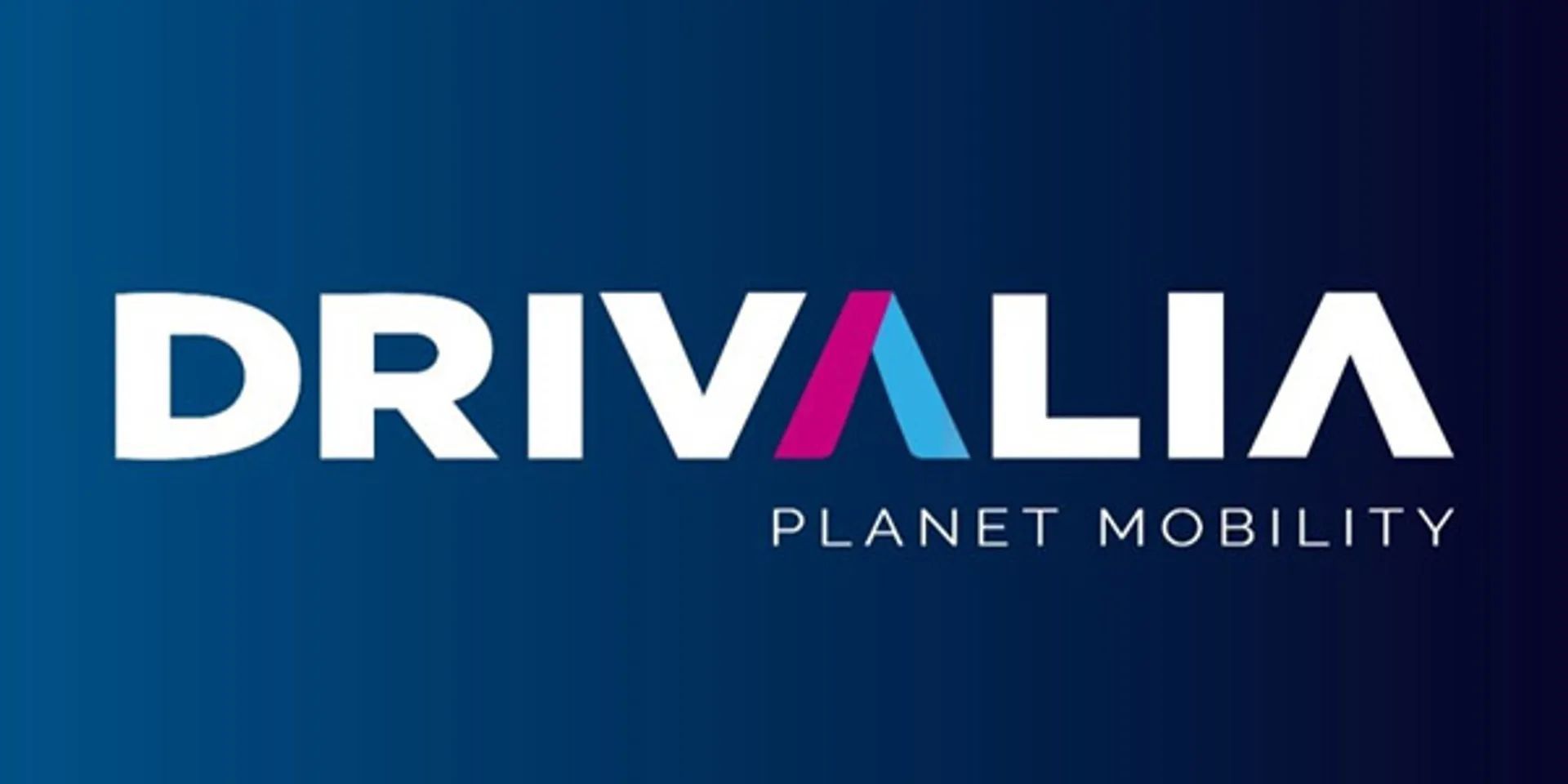 Logo per Drivalia Planet Mobility con testo bianco su sfondo sfumato blu e una 