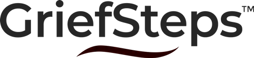 A logo for grief steps with an orange wave on a white background.