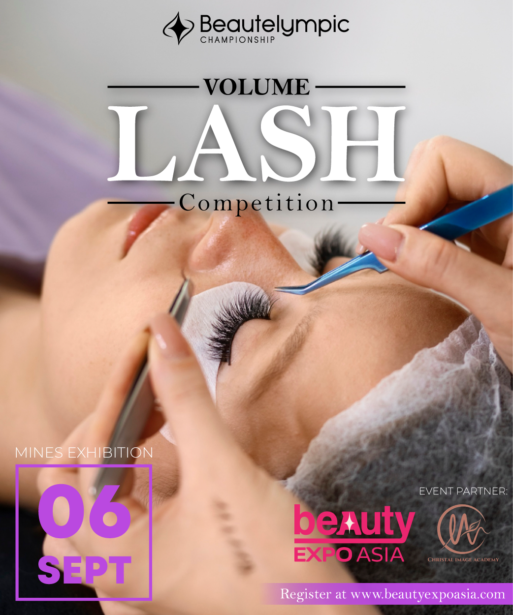 A woman is getting her eyelashes done at a beauty expo