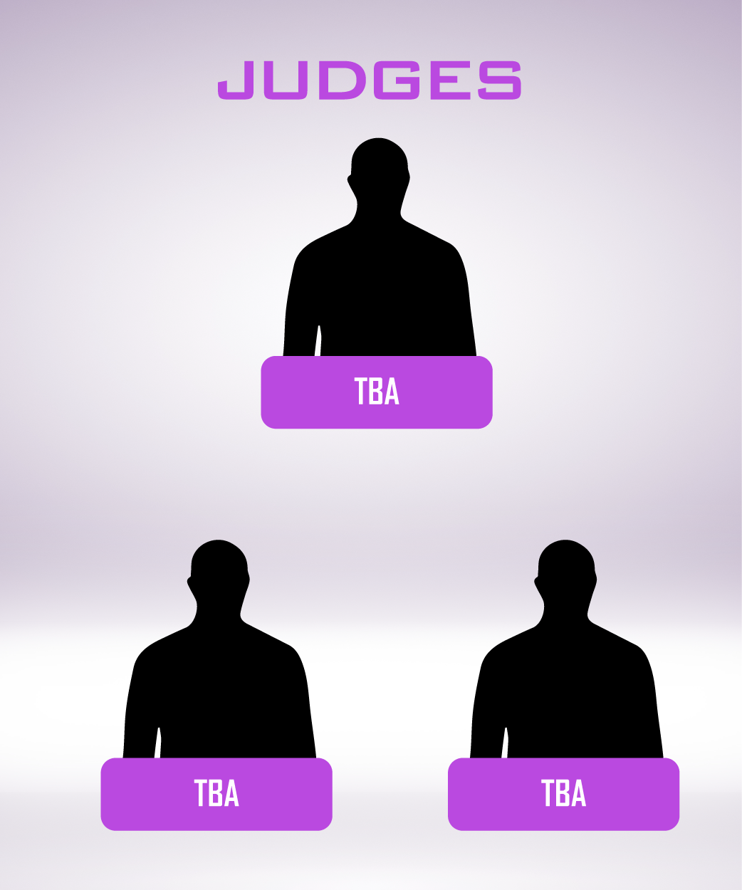 Three silhouettes of men with purple buttons that say judges