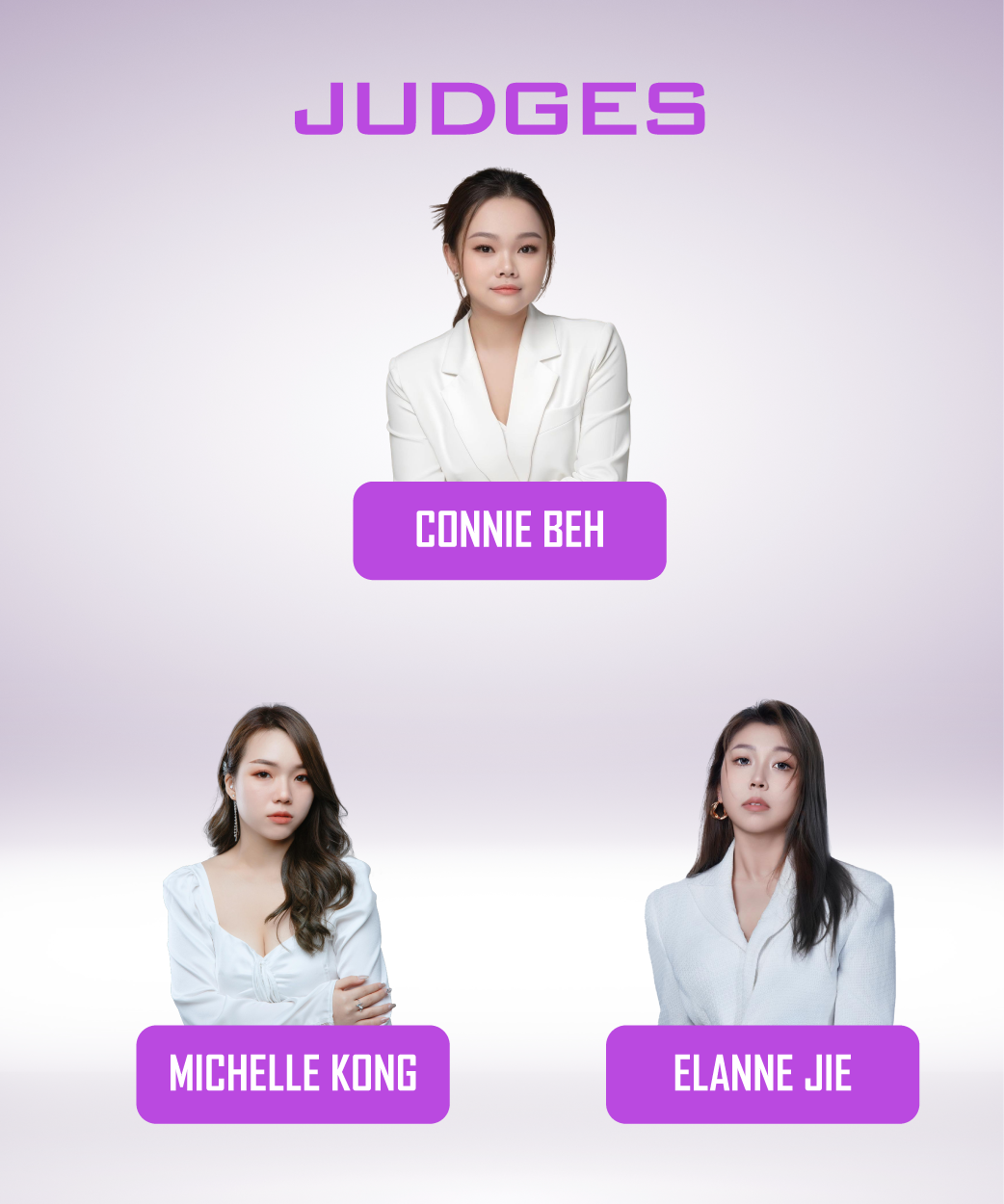 Three silhouettes of men with purple buttons that say judges