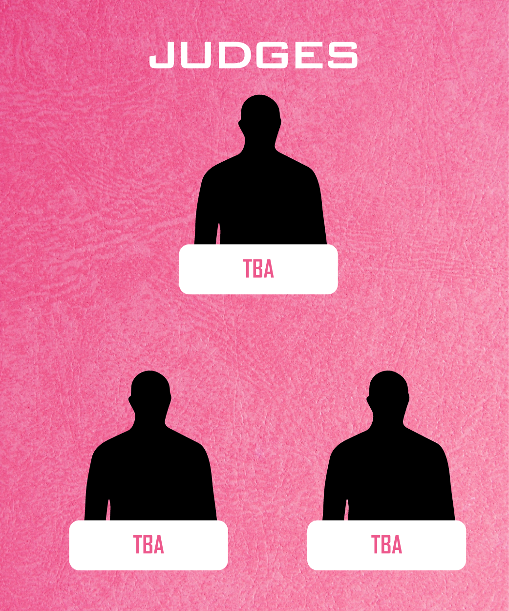 Three judges are shown on a pink background