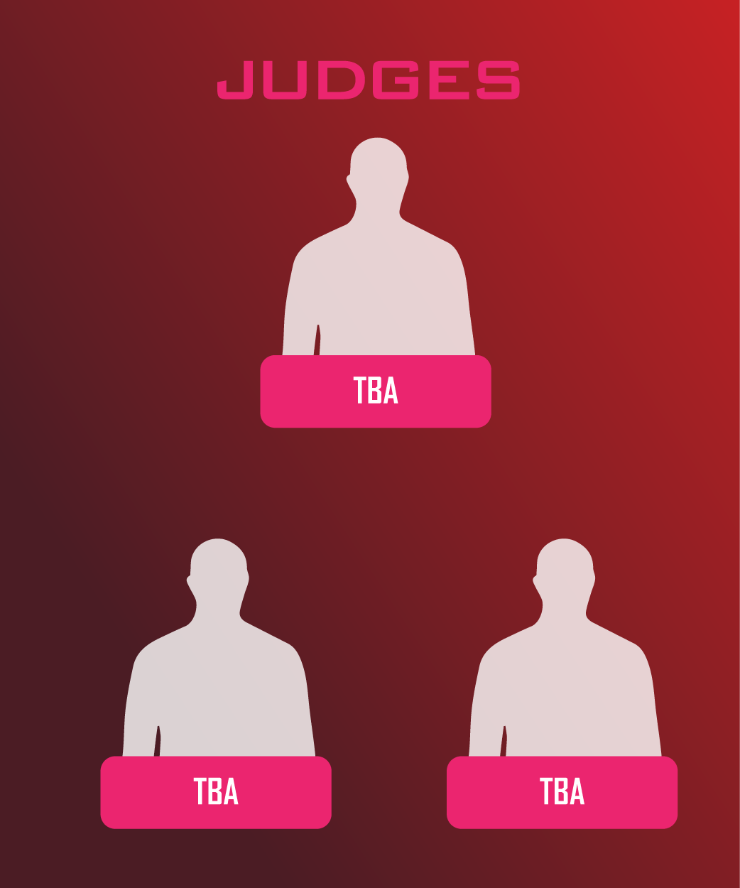 Three judges are shown on a red background