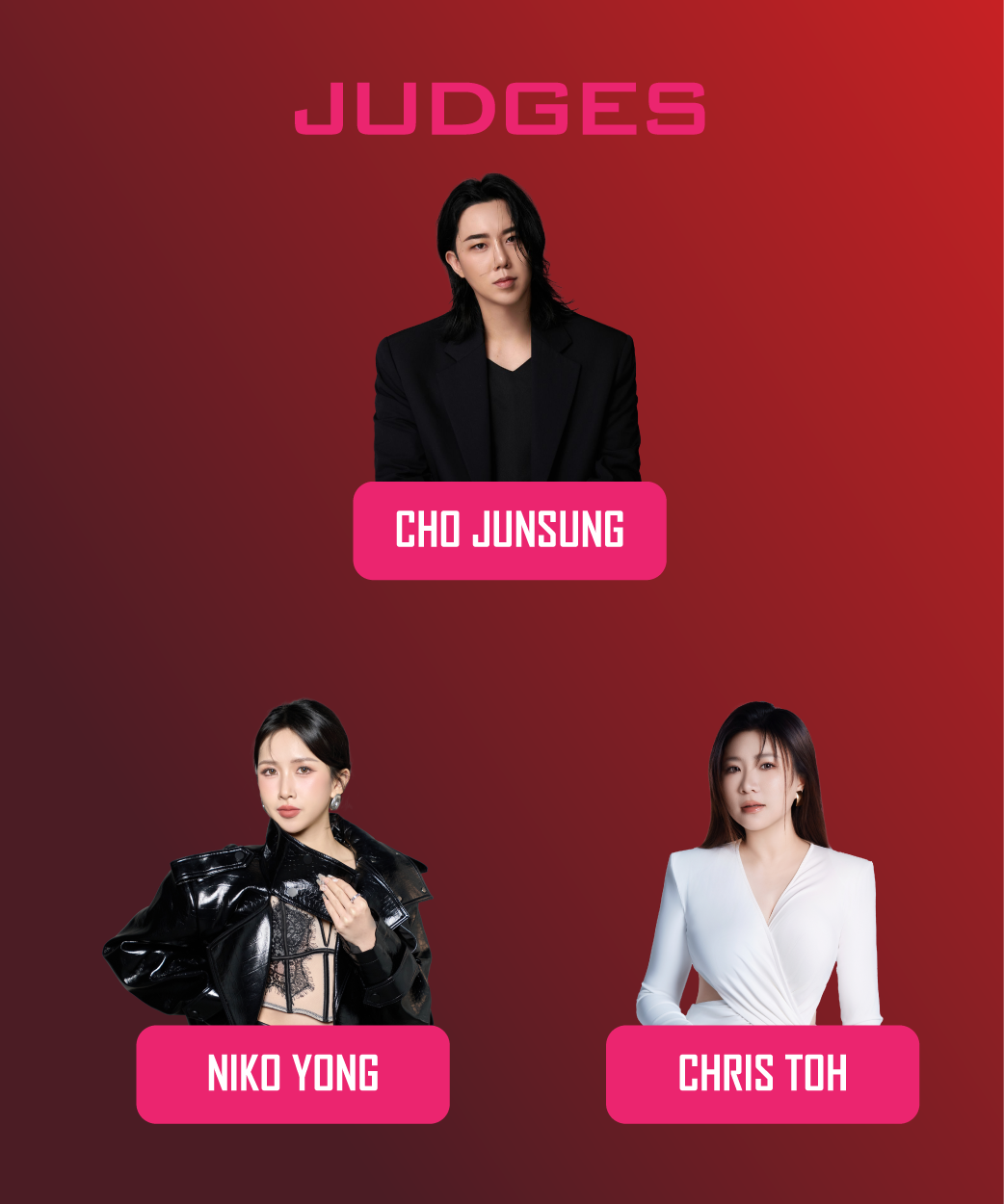 Three judges are shown on a red background