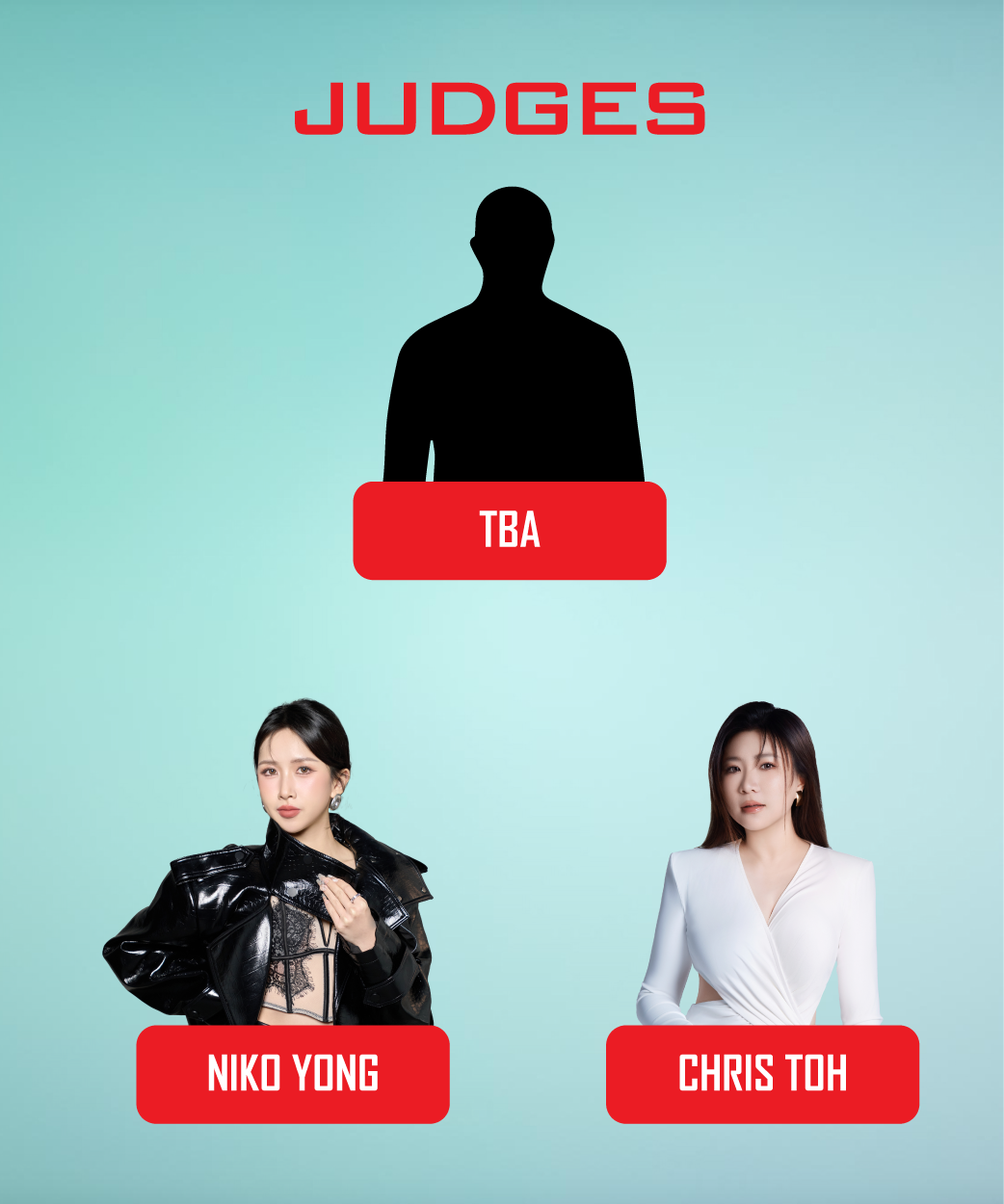 Three judges are silhouetted against a blue background